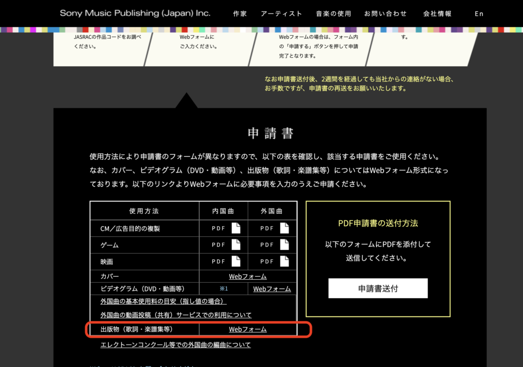 ソニー・ミュージックパブリッシングの問い合わせページ